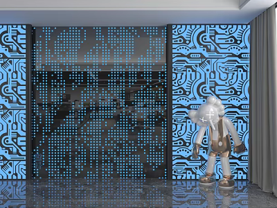 Modern Background Wall With Blue Patterned Designs Tech Inspired Decor And Robot Accent 3d model