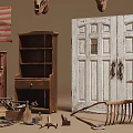 Vintage Antique Items Collection with Wooden Doors Piano Wheels Tools American Flag and Deer Skulls