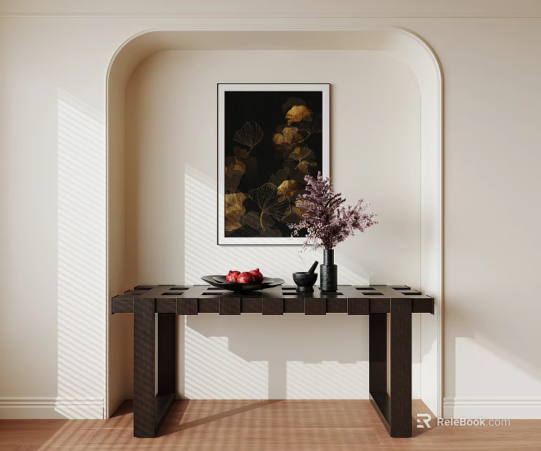 Elegant Modern Console Table Design With Archway Artwork Flower Vase And Fruit Plate 3d model 