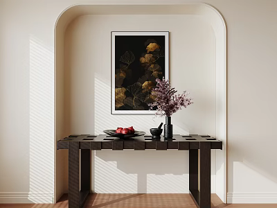Elegant Modern Console Table Design With Archway Artwork Flower Vase And Fruit Plate 3d model
