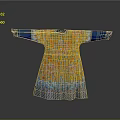 Model Wearing Yellow Traditional Robe With Blue Cuffs And Intricate Floral Patterns