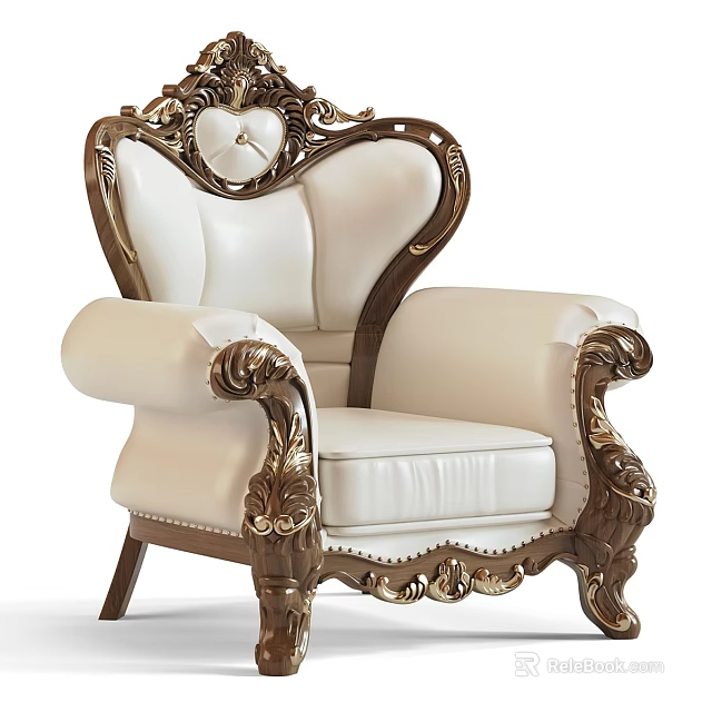 European Style Single Sofa With Gold Carvings And White Leather Upholstery 3d model 