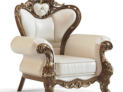 European Style Single Sofa With Gold Carvings And White Leather Upholstery 3d model