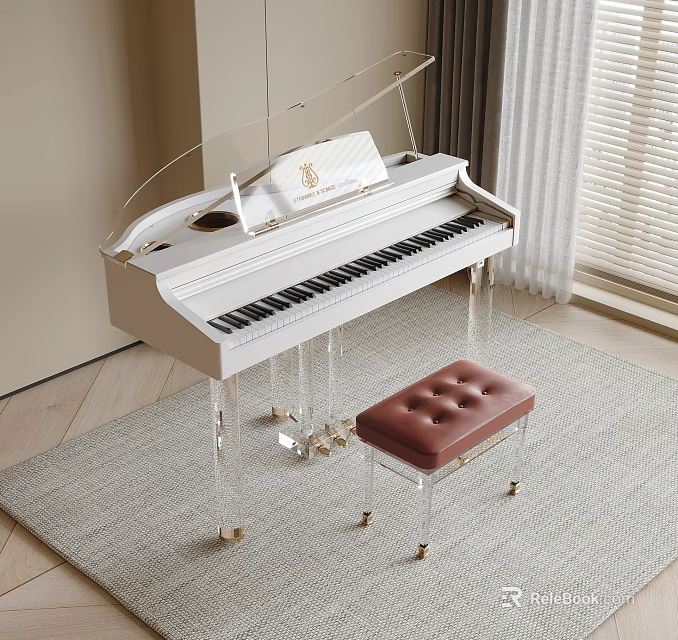 Modern Piano Room With White Grand Piano Acrylic Legs And Brown Stool 3d model 