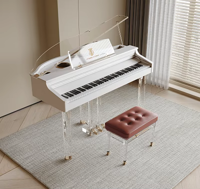 Modern Piano Room With White Grand Piano Acrylic Legs And Brown Stool 3d model