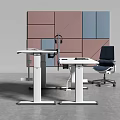 White Height Adjustable Office Desk With Blue Privacy Screen Black Chair And Geometric Wall