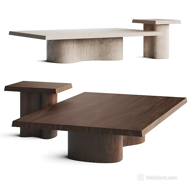 Modern Coffee Table With Cylindrical Wooden Base And Rectangular Tabletop Design 3d model