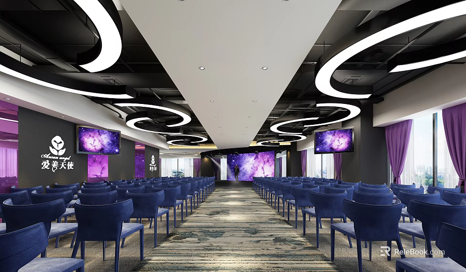 Modern Conference Room With Blue Chairs Purple Screens Curved Lighting Carpet And Curtains 3d model 