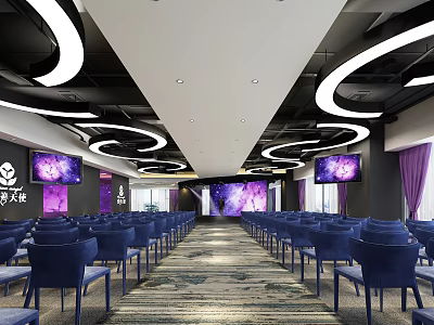 Modern Conference Room With Blue Chairs Purple Screens Curved Lighting Carpet And Curtains 3d model