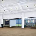 Public Office Space With Spacious Layout Wooden Flooring Ceiling Lights And Glass Partitions