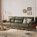 Green Leather Sectional Sofa with Decorative Pillows and Wooden Legs in Modern Living Room