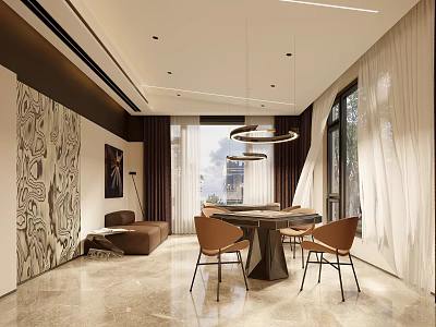 Modern Entertainment Room Interior Design With Sofa Round Pendant Lights And Decorative Wall 3d model