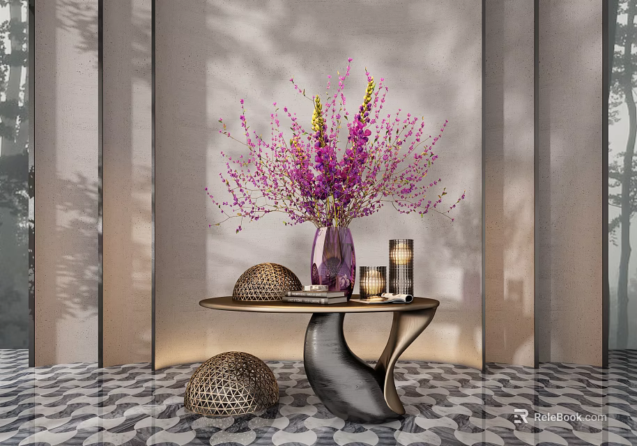 Modern Purple Flower Vase On Decorative Table With Metal Spheres And Candle Holders 3d model 