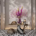Modern Purple Flower Vase On Decorative Table With Metal Spheres And Candle Holders
