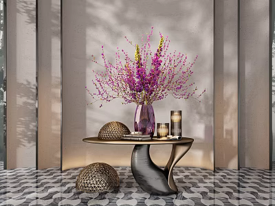 Modern Purple Flower Vase On Decorative Table With Metal Spheres And Candle Holders 3d model