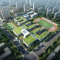 Modern Green roofed School Buildings With Spacious Campus And Sports Playground In Urban Area