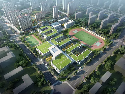 Modern Green roofed School Buildings With Spacious Campus And Sports Playground In Urban Area 3d model