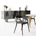 Modern Rectangular Dining Table Set With Black Chairs Gold Legs And Sideboard Decorative Vases 3d model