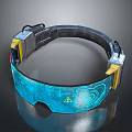 Blue Jewelry Headpiece with Yellow Accents and Glowing Geometric Patterns in Futuristic Design