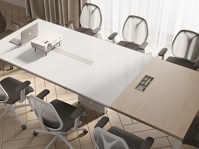 Modern White And Wooden Top Conference Table With Ergonomic Office Chairs And Laptop In Meeting Room 3d model