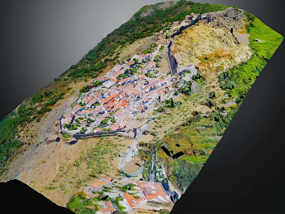 Natural Mountain Village Landscape With Red Roofs Lush Greenery And Hilly Terrain 3d model