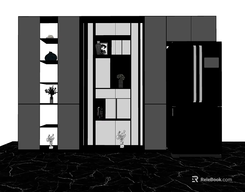 Modern Kitchen Storage Cabinet Shelf With Multiple Open Closed Compartments And Decorative Items 3d model 