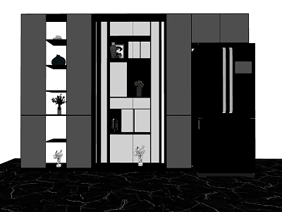 Modern Kitchen Storage Cabinet Shelf With Multiple Open Closed Compartments And Decorative Items 3d model