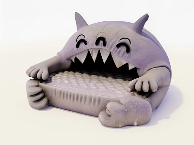 Gray Monster Shaped Round Bed With Cute Claws Horns And Soft Mattress 3d model