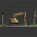 Detailed Yellow Excavator Model Scene With Trees Broken Ground And Grass 3d model