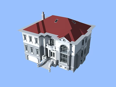 European Style Detached Villa With Red Roof White Walls Multiple Windows And Steps 3d model