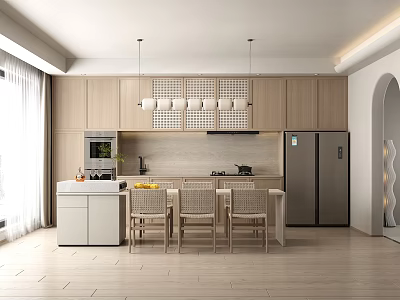 Modern Restaurant Open Concept Space With Wooden Cabinets Dining Table And Pendant Lights 3d model