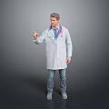 Man in white doctor coat with stethoscope pointing with right index finger against gray background