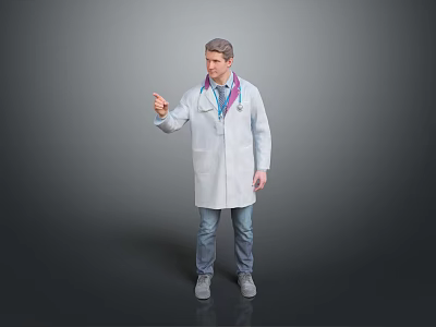 Man in white doctor coat with stethoscope pointing with right index finger against gray background 3d model