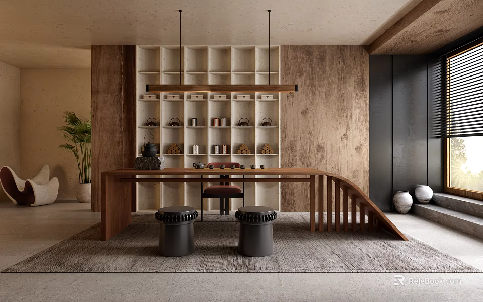 Modern Minimalist Tea Room Interior With Wooden Walls Display Shelves Tea Sets And Black Stools 3d model 