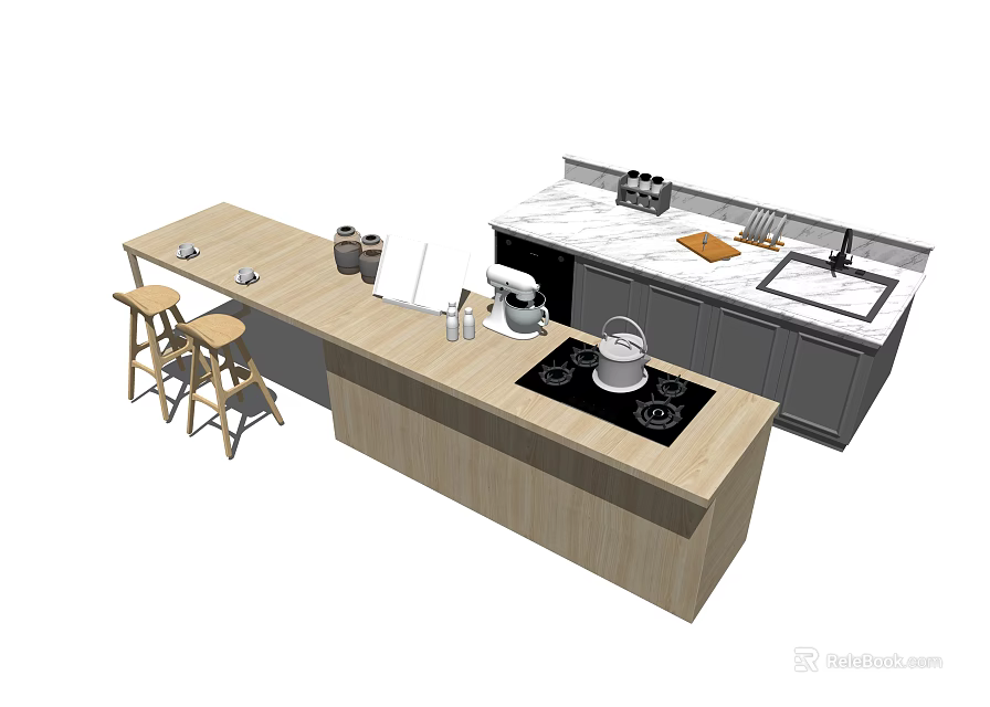 Modern Kitchen Interior With Island Countertop Cabinets And Bar Stools Appliances 3d model 