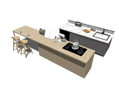 Modern Kitchen Interior With Island Countertop Cabinets And Bar Stools Appliances 3d model