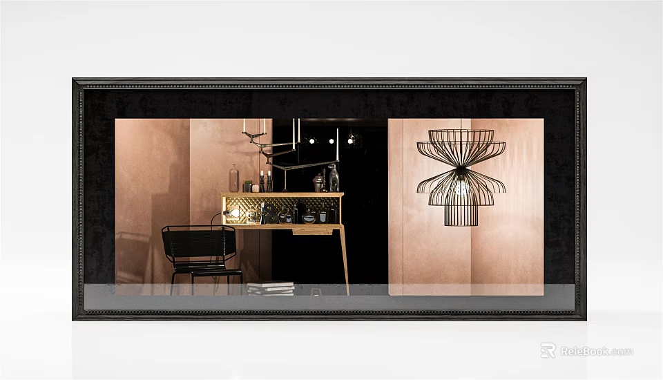 Modern Elegant Window Display With Gold Counter Black Chair Decorative Lamp And Light Dark Walls 3d model 