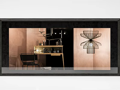Modern Elegant Window Display With Gold Counter Black Chair Decorative Lamp And Light Dark Walls 3d model