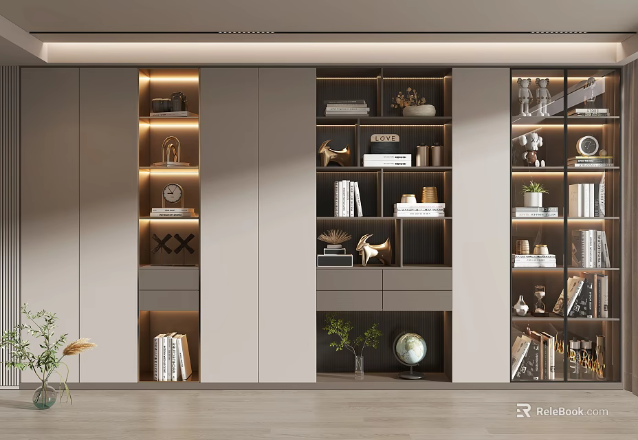 Modern Bookcase Interior with Open Shelves Books Decorative Items and Potted Plants 3d model 