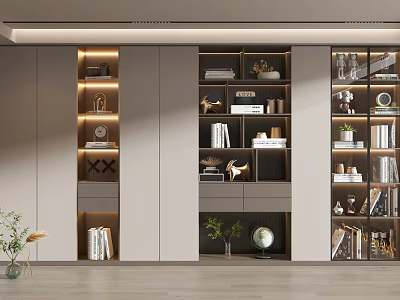 Modern Bookcase Interior with Open Shelves Books Decorative Items and Potted Plants 3d model