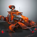 Orange Rusty Modified Car with Large Turbine Engine Front Plow and Red Reflective Details
