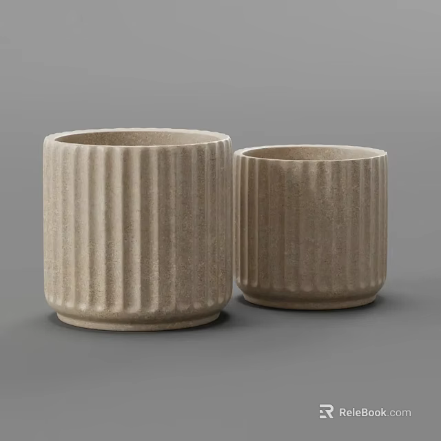 Two Beige Ribbed Ceramic Bonsai Planters With Textured Surface Design 3d model 