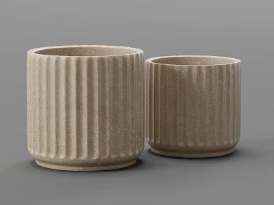 Two Beige Ribbed Ceramic Bonsai Planters With Textured Surface Design 3d model