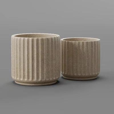 Two Beige Ribbed Ceramic Bonsai Planters With Textured Surface Design 3d model