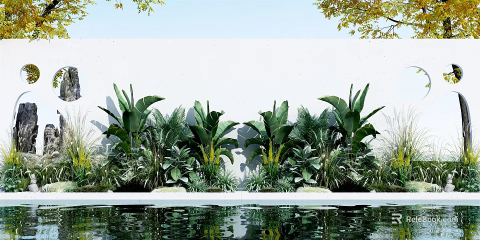 Lush Green Plants With Banana Leaves And Pool Reflection Against White Wall 3d model 