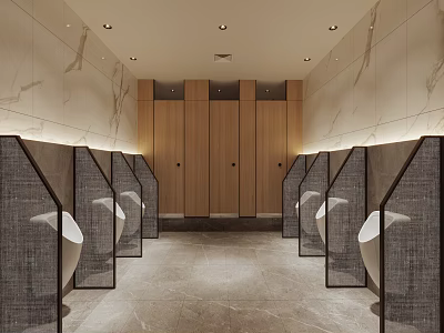 Modern Public Restroom Interior With Wooden Partitions White Urinals And Marble Walls 3d model