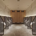 Modern Public Restroom Interior With Wooden Partitions White Urinals And Marble Walls