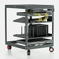 Mobile Network Equipment Rack With Multiple Shelves Holding Switches Routers And Cables
