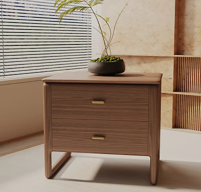 Wooden Side Table With Two Drawers Gold Handles And Potted Plant In Modern Interior 3d model