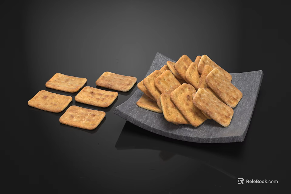 Crispy Golden Biscuits Arranged On Gray Plate And Table Surface 3d model